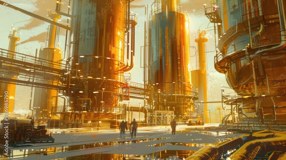 Petroleum Refining Dance: A dynamic view of towering distillation towers, sprawling storage tanks, crisscrossing pipelines, and hardworking professionals meticulously refining crude oil into an array Petroleum Refining Dance: A dynamic view of towering distillation towers, sprawling storage tanks, crisscrossing pipelines, and hardworking professionals meticulously refining crude oil into an array