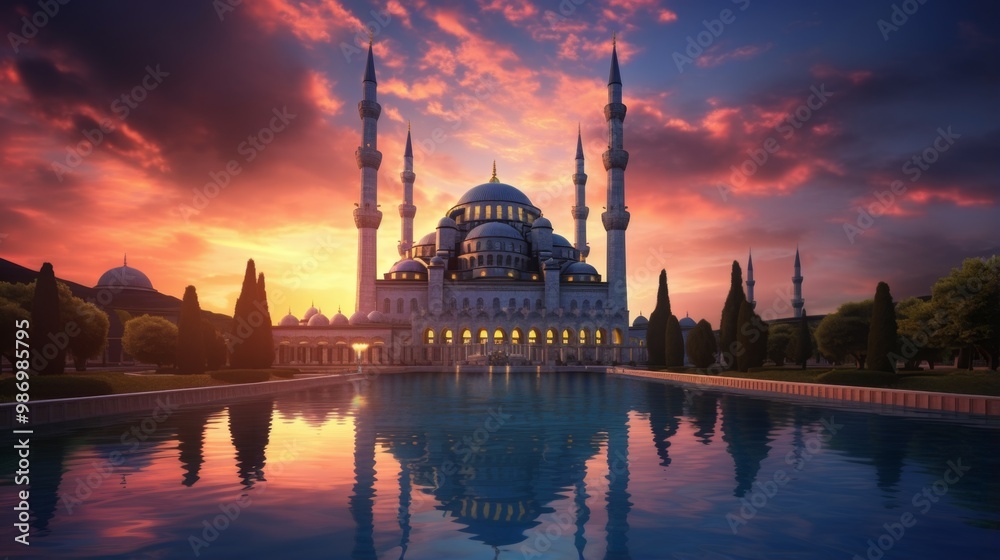 Naklejka premium Mosque silhouette with sunset reflection
