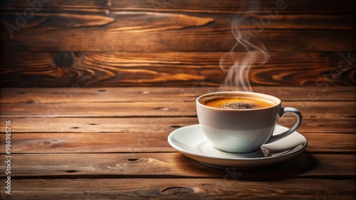 Happy Tuesday morning with a hot cup of coffee on wooden table