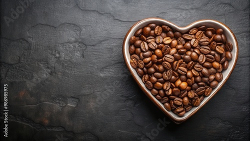 Roasted coffee beans in heart shaped bowl on dark background with copy space, top view flat lay