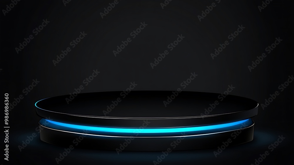 A black cylindrical podium with a blue neon light around the edge, set against a dark background.