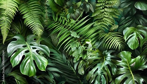 Lush Tropical Jungle Background Featuring Ferns, Palm, and Monstera Deliciosa Leaves in a Dark Green Floral Forest Pattern photo