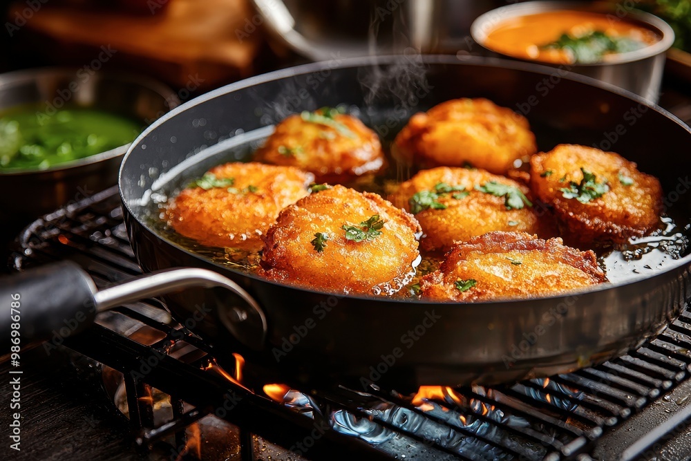 Crisp, golden fritters frying in a pan, garnished with green herbs, creating an appetizing and flavorful dish. Crisp, golden fritters frying in a pan, garnished with green herbs, creating an appetizing and flavorful dish.