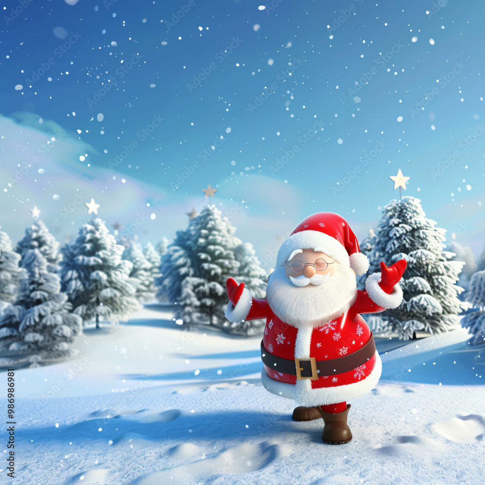 3D cute Christmas santa in a snowy winter landscape