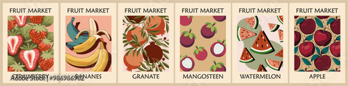 Set of Abstract Fruit Market retro posters. Trendy contemporary wall arts with fruit design in natural earth colors. Modern naive groovy funky interior decorations, paintings. Vector illustrations.