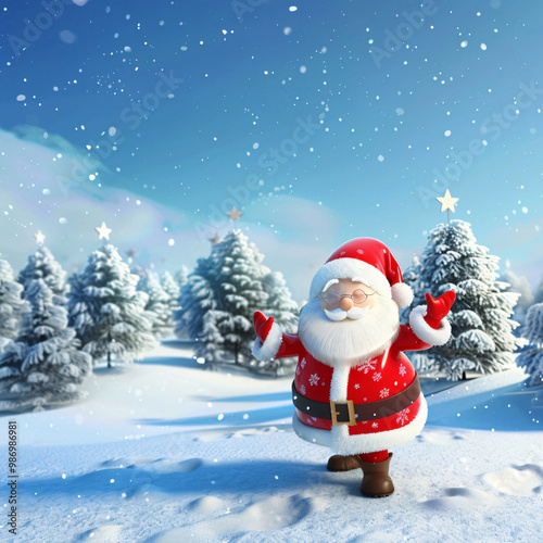 3D cute Christmas santa in a snowy winter landscape