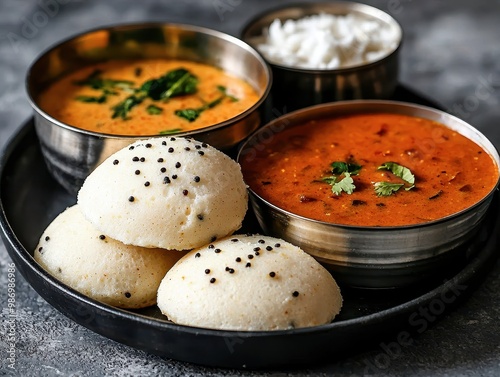 A plate featuring soft idlis served with sambar, chutney, and a side of rice, showcasing traditional South Indian cuisine. photo