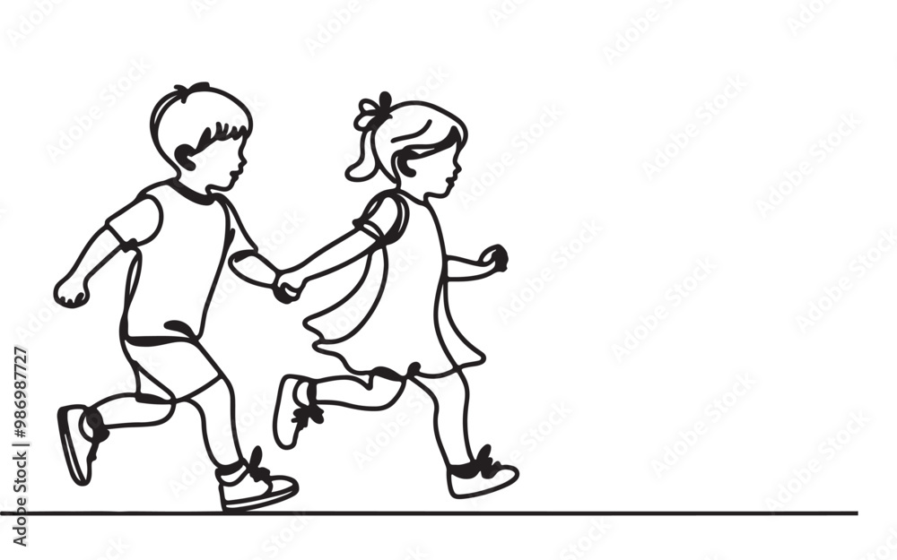 one continuous single line drawing of a toddler girl and boy running hand in hand illustration one continuous single line drawing of a toddler girl and boy running hand in hand illustration