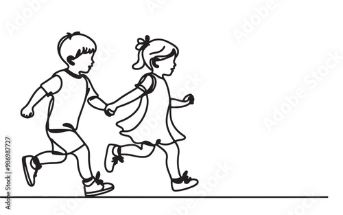 one continuous single line drawing of a toddler girl and boy running hand in hand illustration