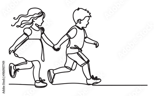 one continuous single line drawing of a toddler girl and boy running hand in hand illustration