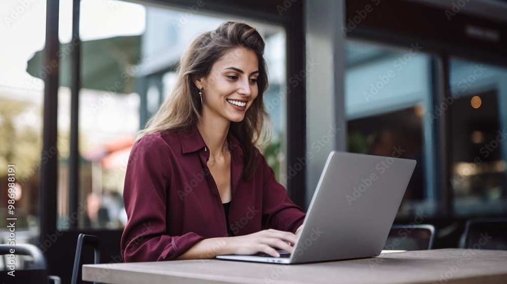 A photo of an attractive woman in her late thirties sitting at the table with laptop smiling, working on office building background. A photo of an attractive woman in her late thirties sitting at the table with laptop smiling, working on office building background.