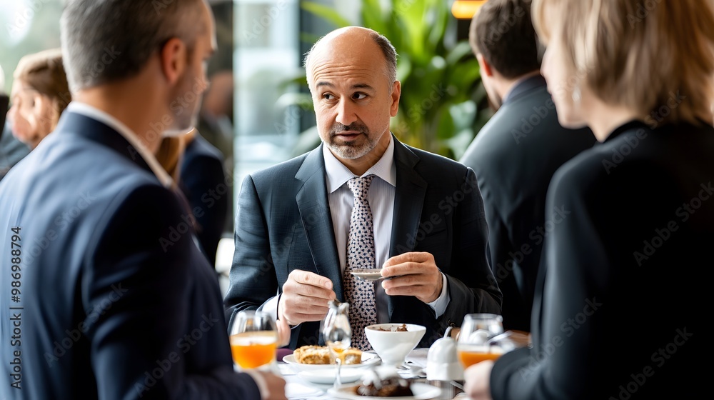 Sophisticated business networking breakfast with professionals conversing over a stylishly arranged table. Sophisticated business networking breakfast with professionals conversing over a stylishly arranged table.