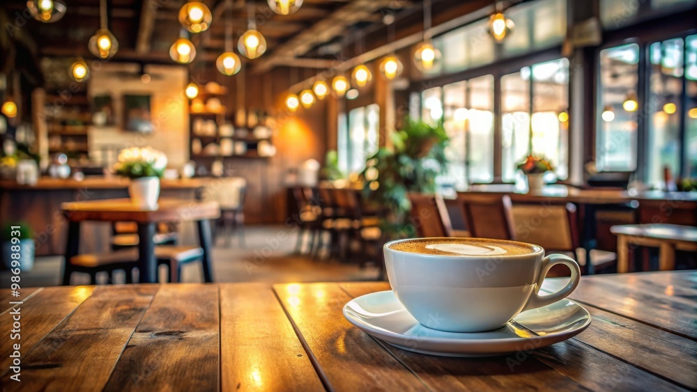Coffee cup on a wooden table in a cozy coffee shop setting Coffee cup on a wooden table in a cozy coffee shop setting