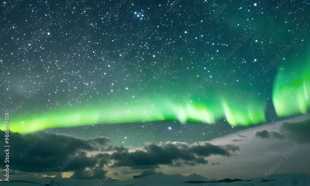 Bright green aurora arcs gliding smoothly across a star-speckled sky, with clouds forming soft, dynamic shapes below Bright green aurora arcs gliding smoothly across a star-speckled sky, with clouds forming soft, dynamic shapes below