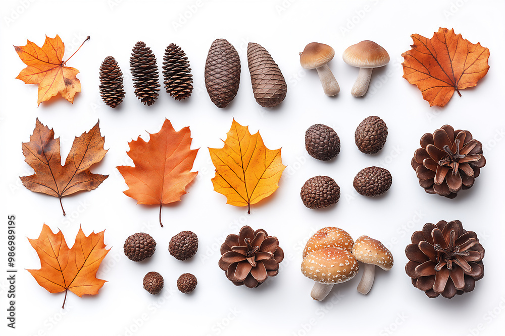 Obraz premium Autumn collection of pinecones and leaves