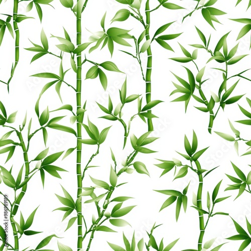 A vibrant pattern featuring lush green bamboo leaves and stems against a clean white background, symbolizing nature and tranquility.