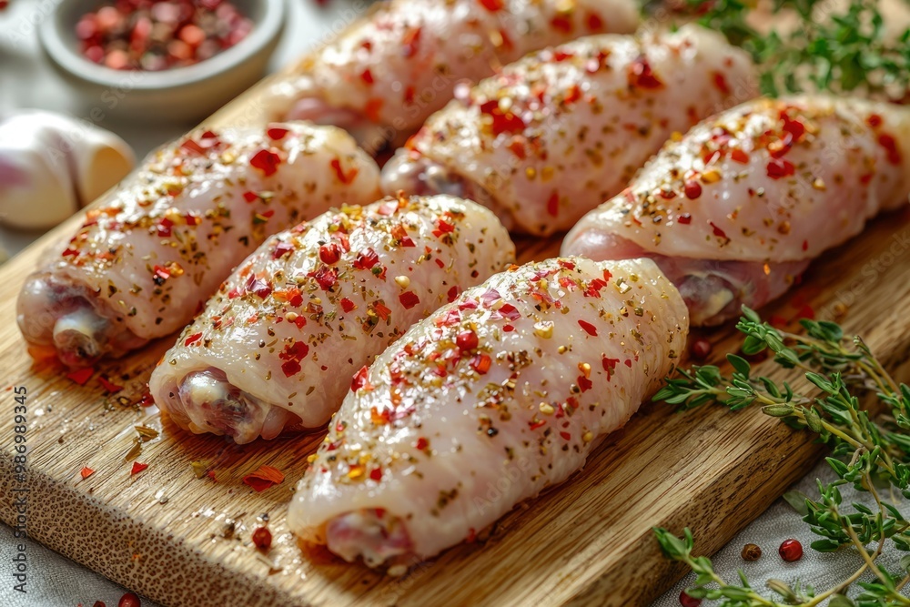 Raw Chicken Drumsticks Seasoned with Spices on a Wooden Cutting Board Raw Chicken Drumsticks Seasoned with Spices on a Wooden Cutting Board