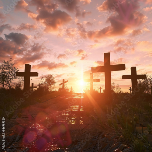 Good Friday landscape with crosses against a sun