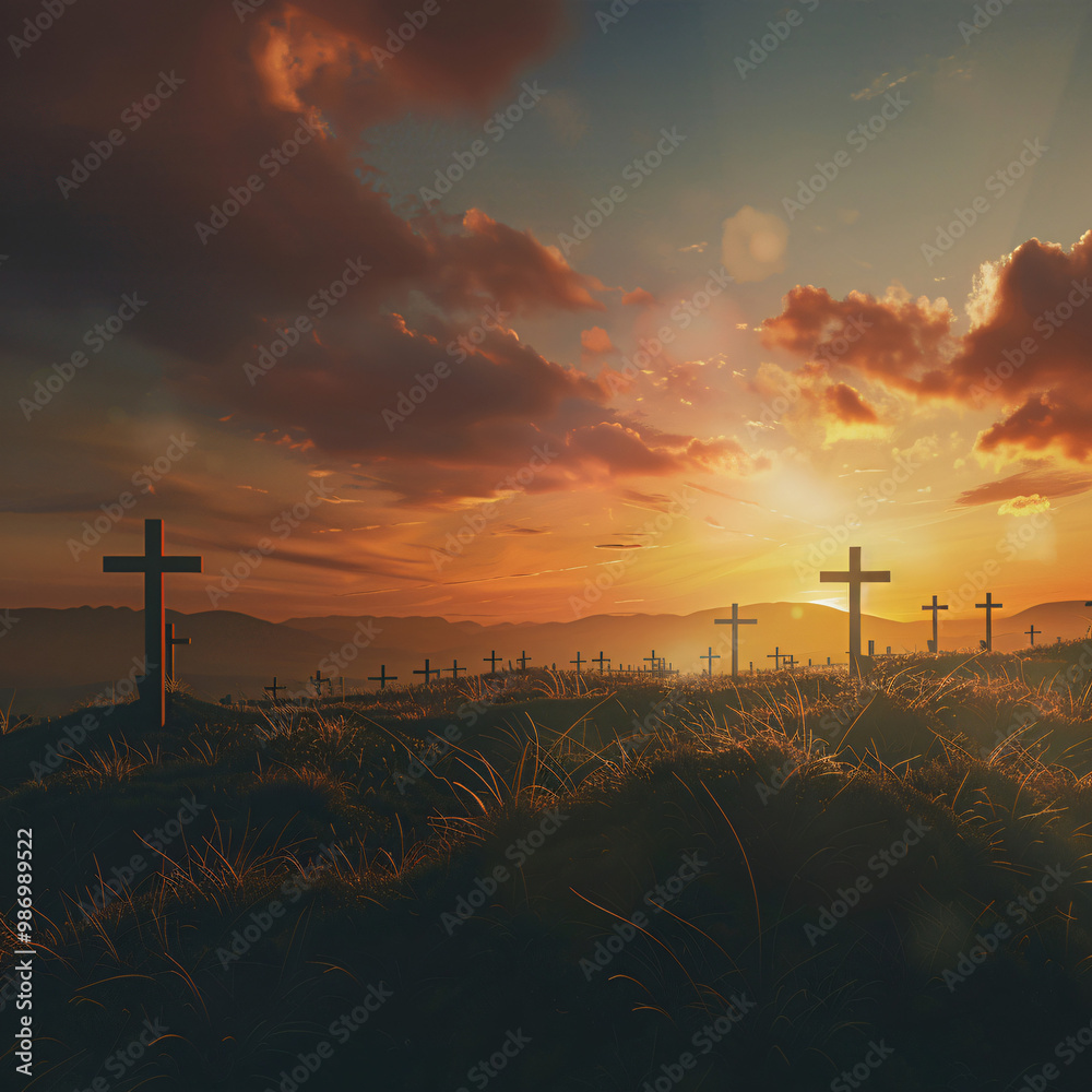 Obraz premium Good Friday landscape with crosses against a sun