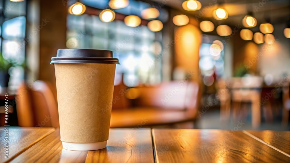 Paper coffee cup on a table in a coffee shop with a blurred background Paper coffee cup on a table in a coffee shop with a blurred background