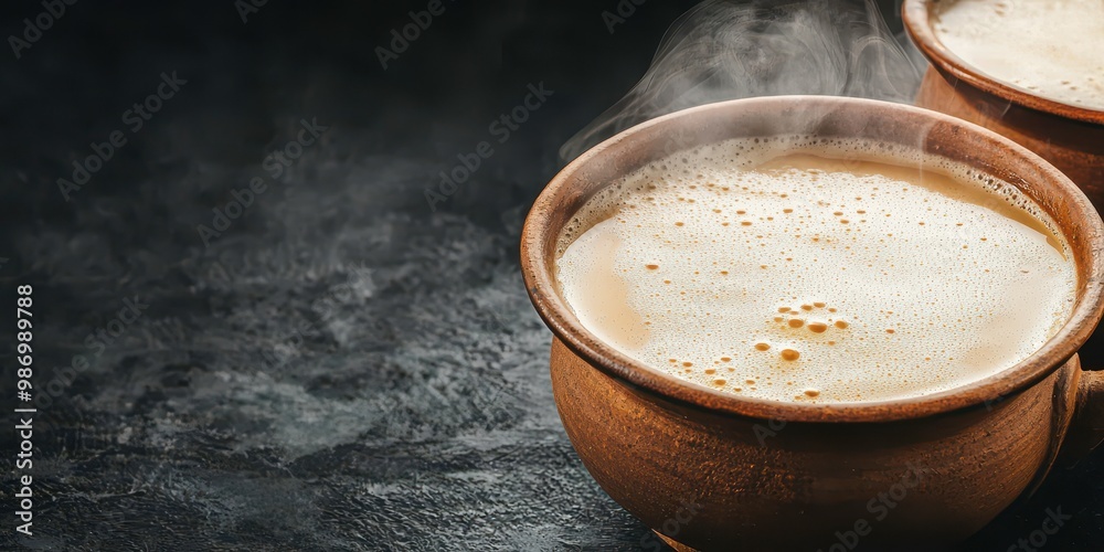 Two steaming clay cups of frothy beverage, set against a dark surface, exuding warmth and comfort. Two steaming clay cups of frothy beverage, set against a dark surface, exuding warmth and comfort.