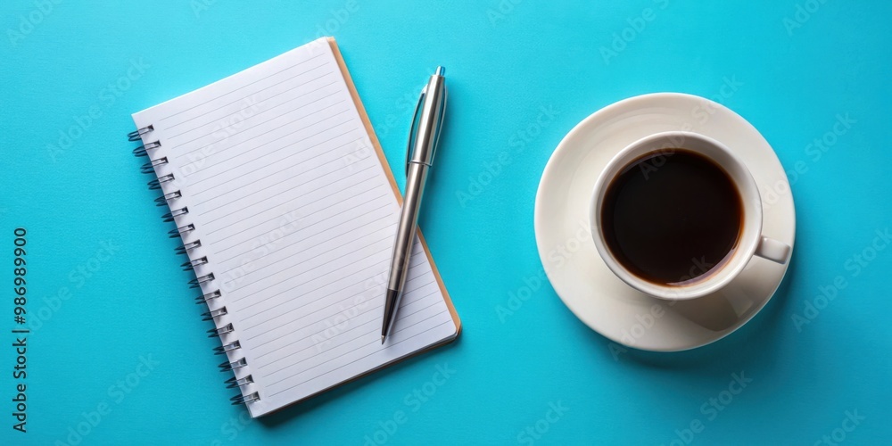 A white cup of coffee with a sleek pen and notebook on a colored background A white cup of coffee with a sleek pen and notebook on a colored background