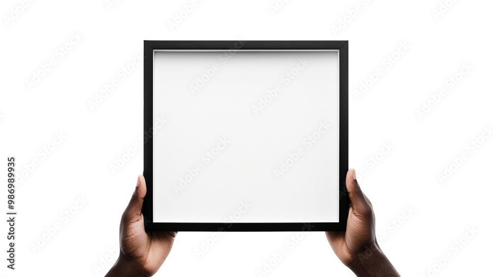 Two hands holding a black square frame with blank white space, symbolizing open possibilities, minimalism, and creativity.