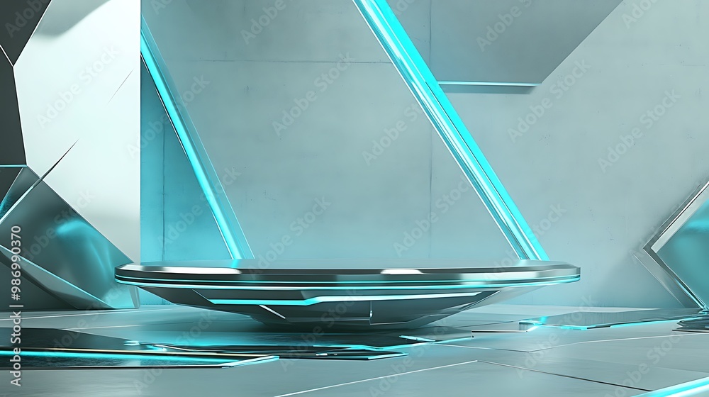 Obraz premium A futuristic, abstract, and minimalist scene featuring a circular platform surrounded by glowing blue lines and geometric shapes