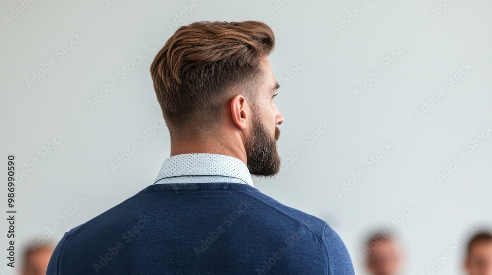 Man with stylish hair during business presentation. Man with stylish hair during business presentation.