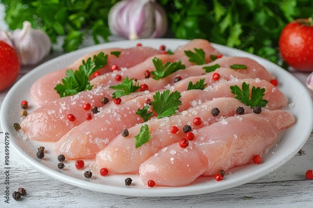 Raw Chicken Breast Fillet with Parsley, Salt, and Peppercorns Raw Chicken Breast Fillet with Parsley, Salt, and Peppercorns