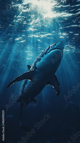 Ferocious Great White Shark Emerging from Ocean Depths with Sunlight Streaming Through Water