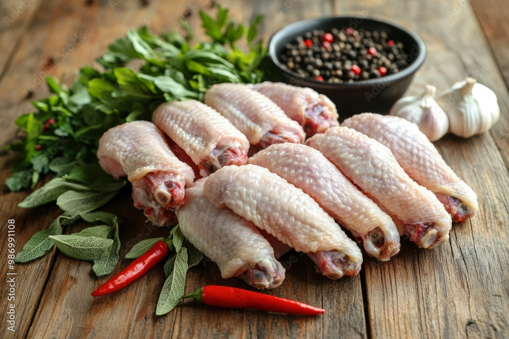 Raw Chicken Wings with Herbs and Spices on Rustic Wooden Surface Raw Chicken Wings with Herbs and Spices on Rustic Wooden Surface
