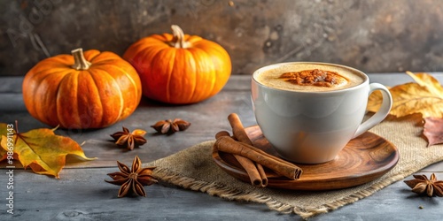 Hot and aromatic latte with pumpkin and cinnamon on a concrete textured wood background for autumn season