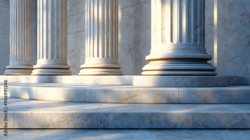 Stone colonnade and stairs detail showcasing classical pillars in a building facade. Stone colonnade and stairs detail showcasing classical pillars in a building facade.