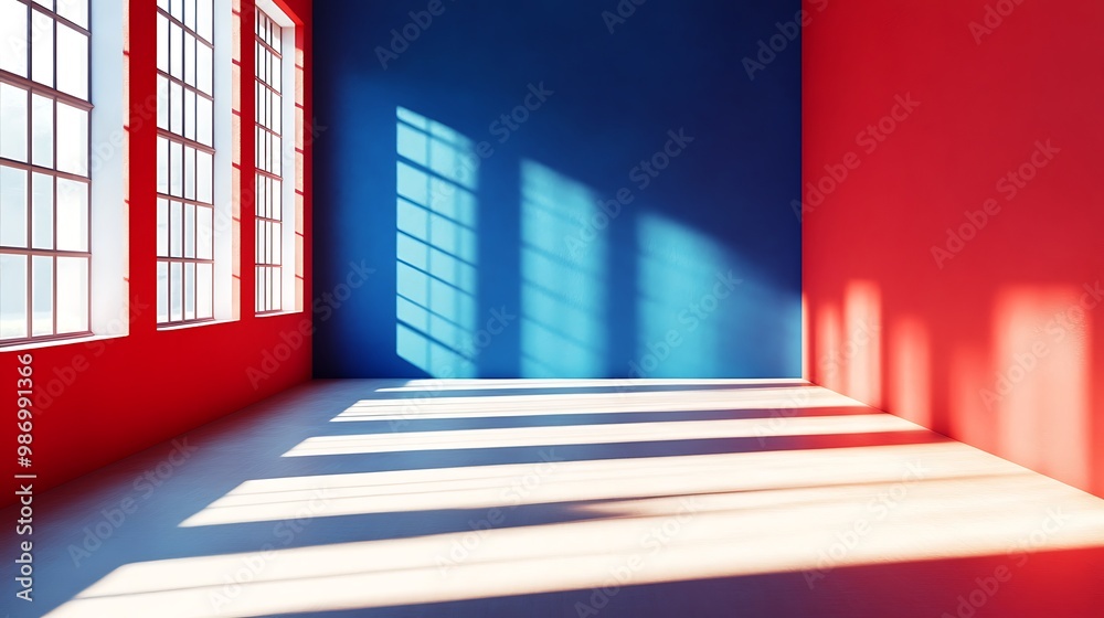 Empty room with red and blue walls and sunlight streaming through large windows. Empty room with red and blue walls and sunlight streaming through large windows.