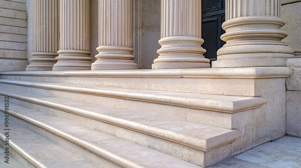 Stone colonnade and stairs detail showcasing classical pillars in a building facade. Stone colonnade and stairs detail showcasing classical pillars in a building facade.
