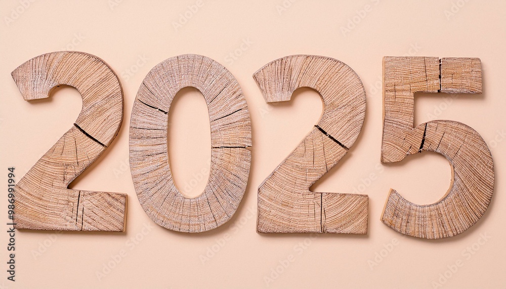 「 2025」年の文字の形をした木の破片 ピンクの背景