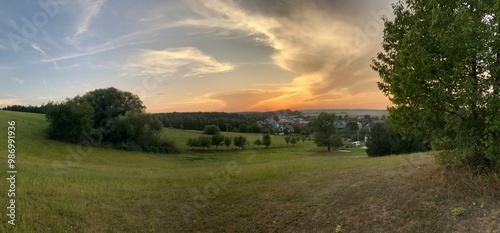 sunset in the countryside, czech autumn landscape, panoramic view village Hnevosice, silesia region, Opava,  photo