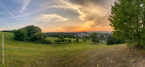 sunset in the countryside, czech autumn landscape, panoramic view village Hnevosice, silesia region, Opava,  photo