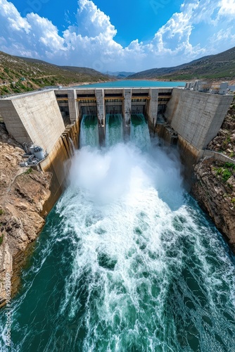 Hydroelectric dam at the base of a majestic waterfall