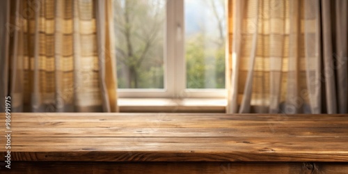 Brown wooden tabletop with a soft focus on a curtain-covered window in the background