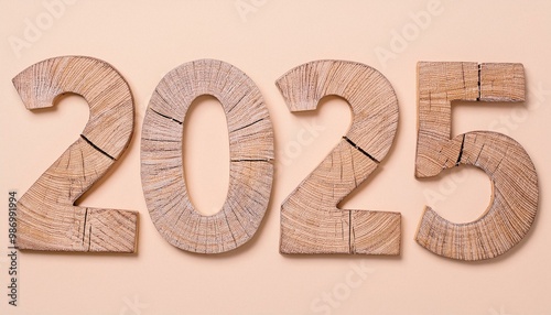 Obraz na płótnie 「 2025」年の文字の形をした木の破片 ピンクの背景 w salonie