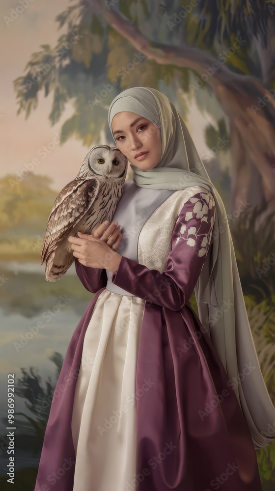 Elegant Woman in Hijab Holding an Owl in a Serene Outdoor Setting