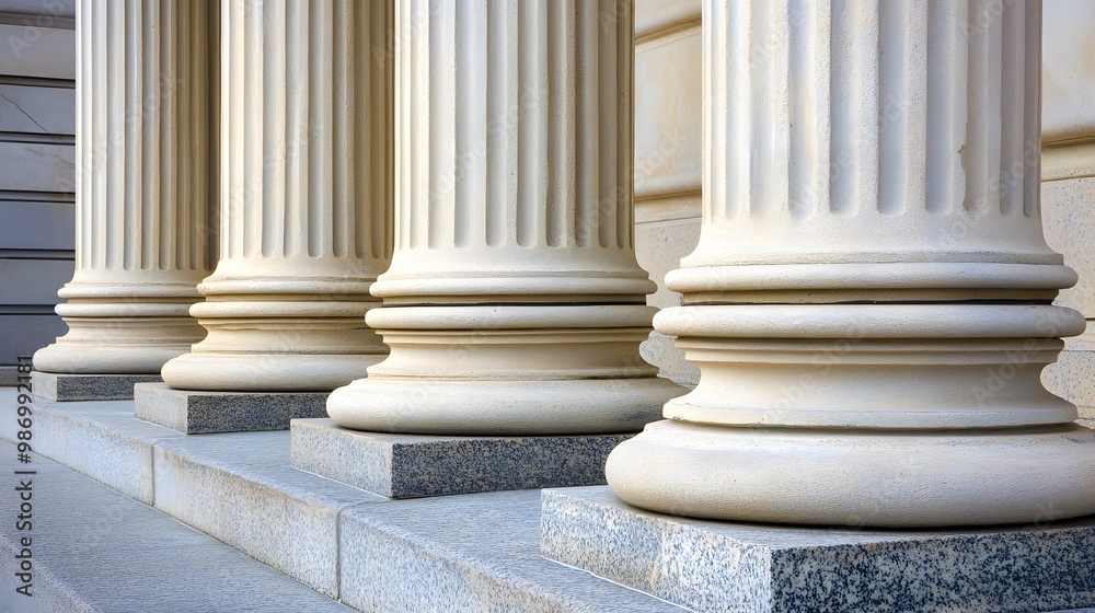 Stone colonnade and stairs detail showcasing classical pillars in a building facade. Stone colonnade and stairs detail showcasing classical pillars in a building facade.