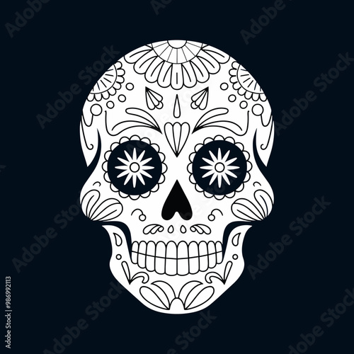 Day of the dead poster with sugar skull in flat style.
