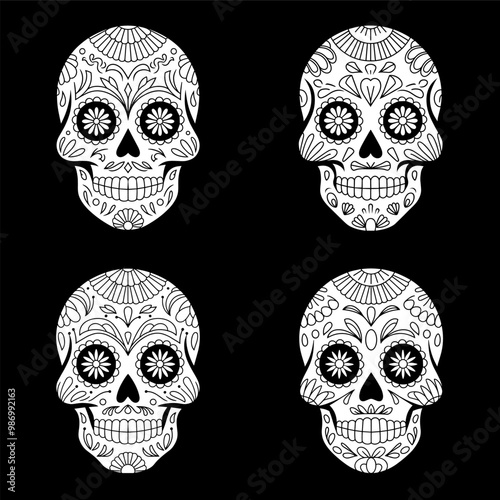 Day of the dead poster with sugar skull in flat style.