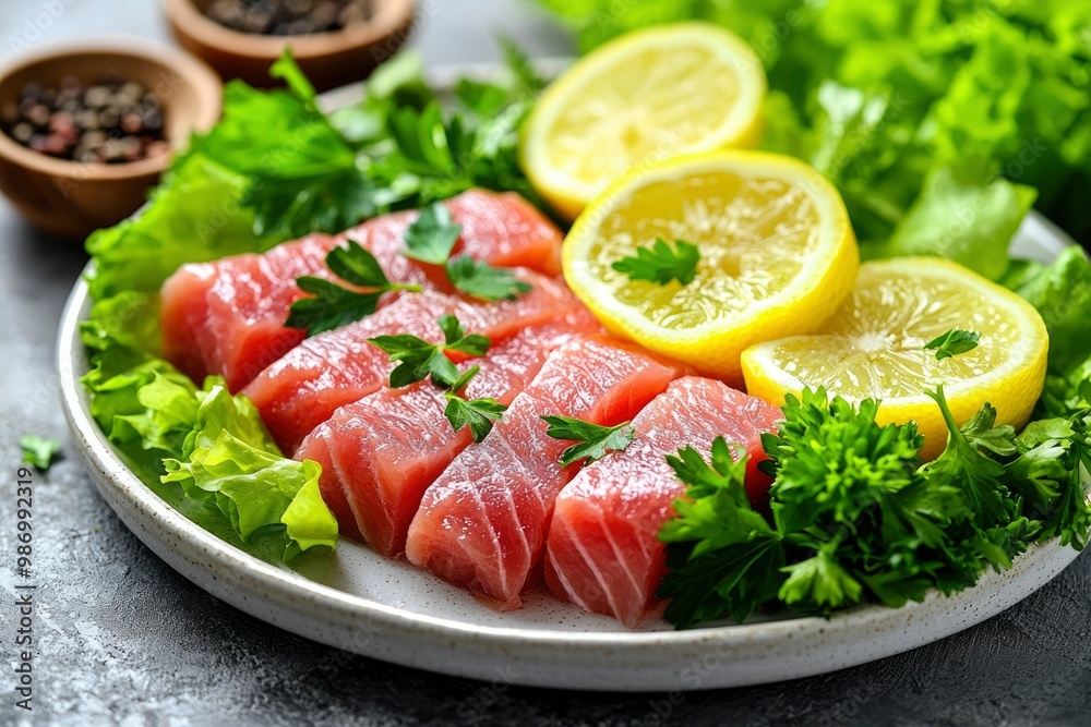 Raw Salmon Fillet with Lemon Slices and Parsley Raw Salmon Fillet with Lemon Slices and Parsley