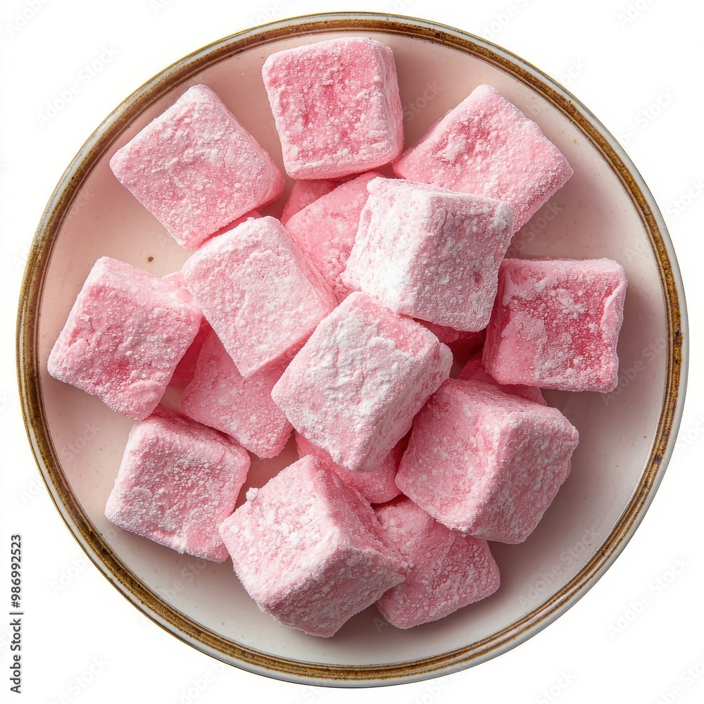 Strawberry marshmallows served on a plate, isolated on a white background, emphasizing their appealing and classic presentation. Strawberry marshmallows served on a plate, isolated on a white background, emphasizing their appealing and classic presentation.