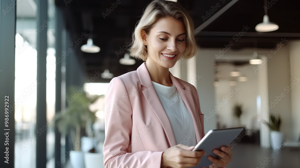 Fototapeta premium A woman in her late thirties, wearing business casual attire with a light pink jacket and white shirt, is smiling at an iPad she is holding while standing near the bar of a modern office space.