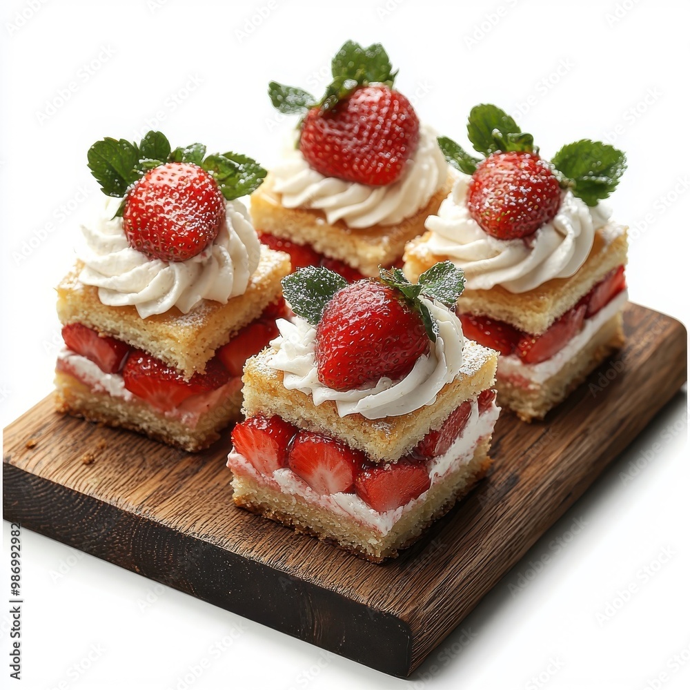 Strawberry shortcake on a wooden tray, isolated on a white background, providing a rustic and charming look. Strawberry shortcake on a wooden tray, isolated on a white background, providing a rustic and charming look.